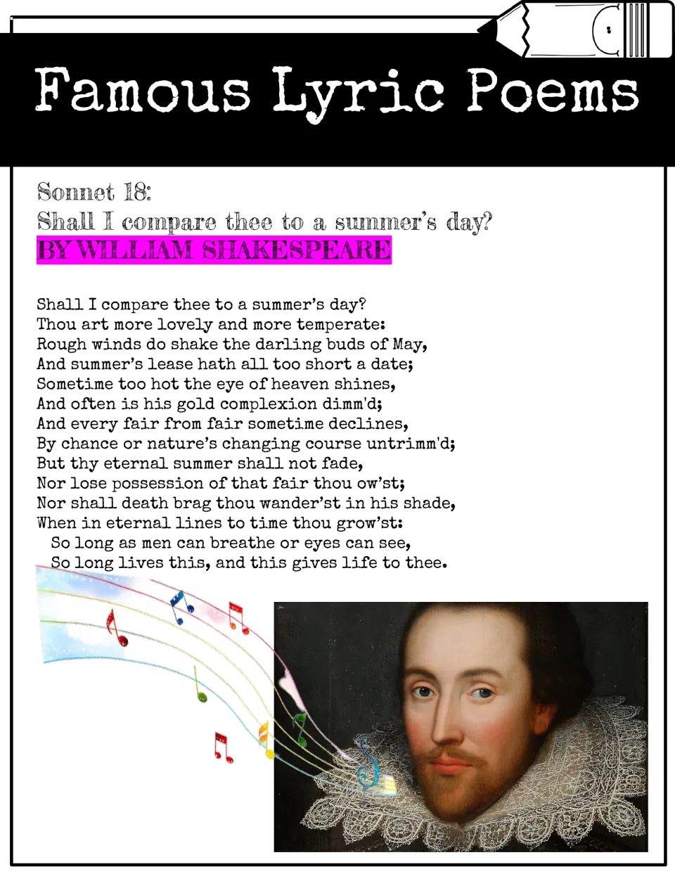 Famous lyric poem poster: Shakespeare's Sonnet 18, Shall I compare thee to a summer's day?, full text with his portrait