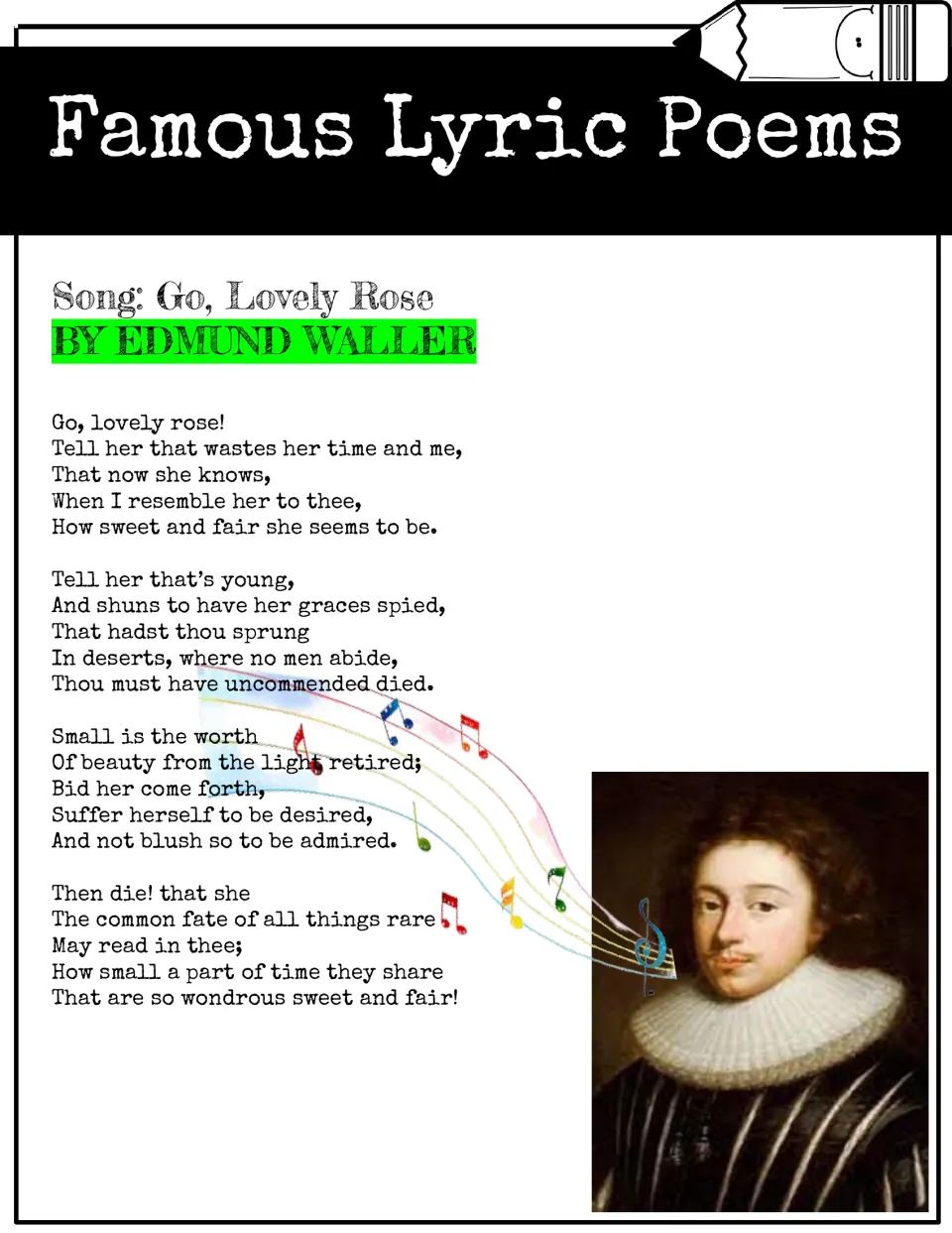 Edmund Waller's Song: Go, Lovely Rose on a famous lyric poems poster, all four stanzas beside the poet's portrait