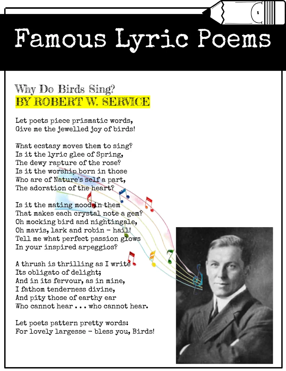 Robert W. Service's Why Do Birds Sing? on a famous lyric poems poster, full poem text with a photograph of the poet