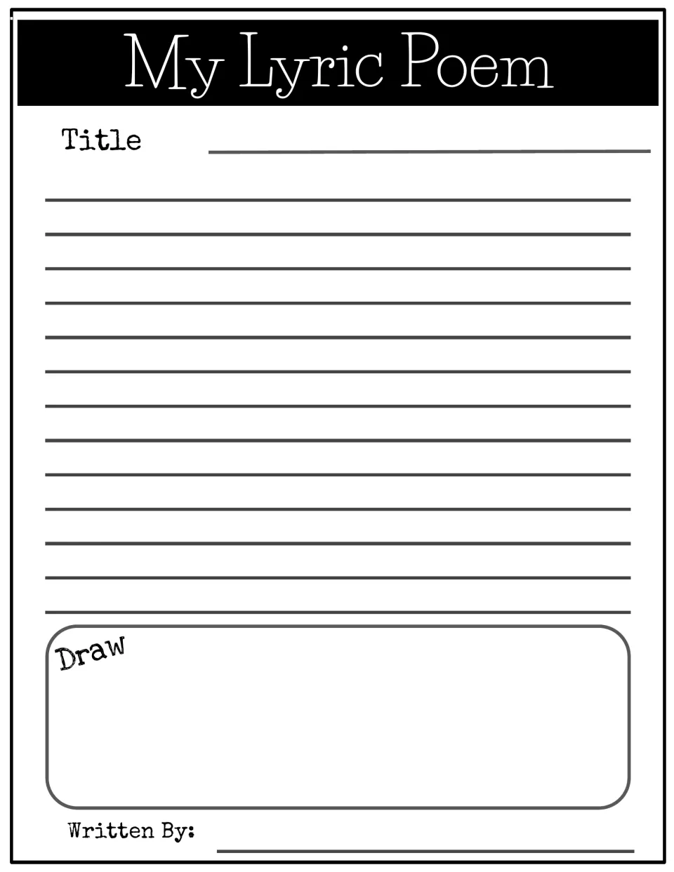 My Lyric Poem writing template: students title and write their own lyric poem, illustrate it and add their name as author