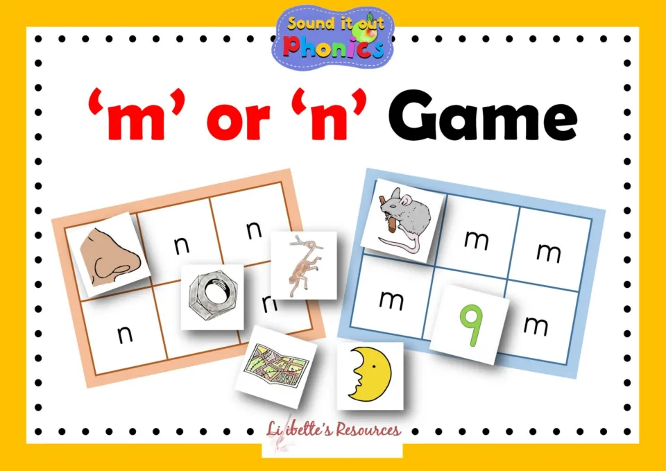 'm' or 'n' Game cover from Sound it out Phonics: picture cards like nose, nut, mouse and moon matched to m and n boards
