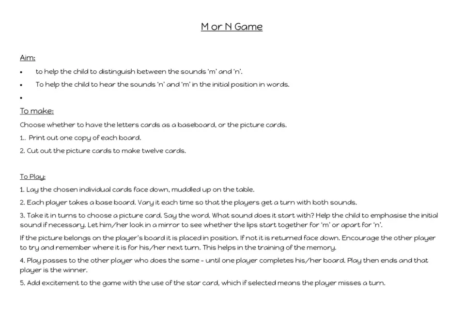 Game instructions: aim of hearing initial m and n sounds, how to make the boards and cards, and five steps to play
