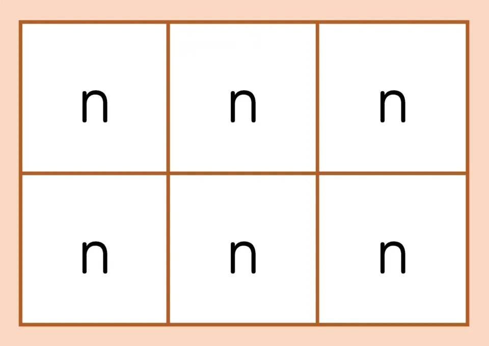 Colour n baseboard: six spaces each marked with letter n where players place pictures that begin with the n sound