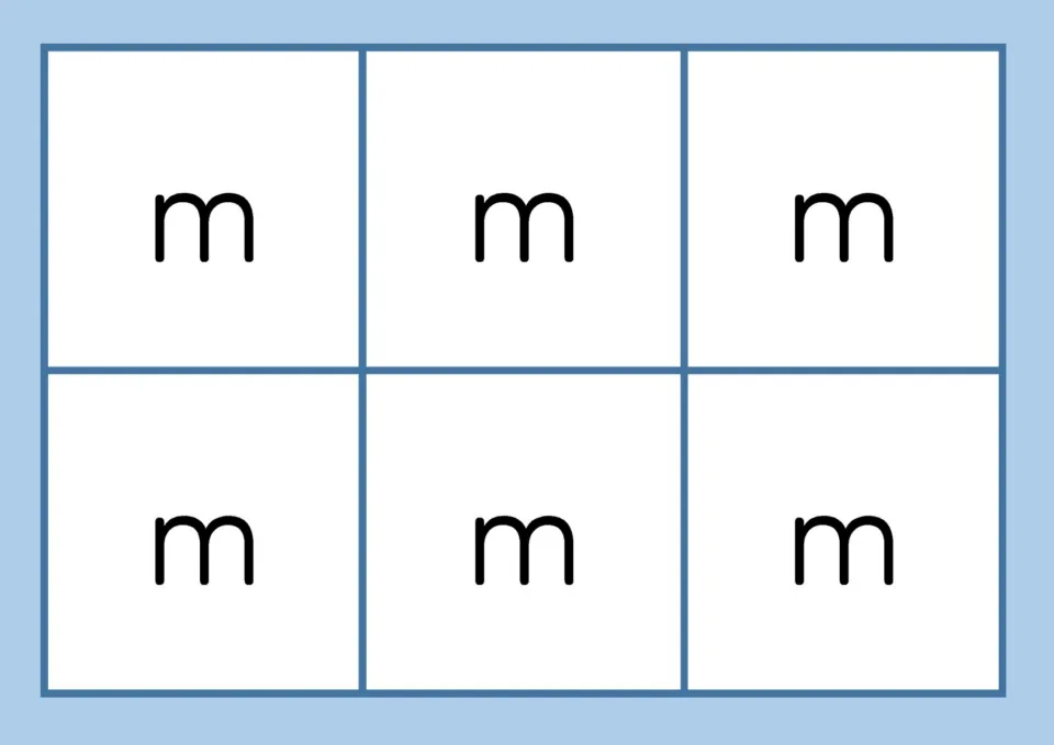 Colour m baseboard: six spaces each showing letter m, filled with picture cards whose names start with the m sound