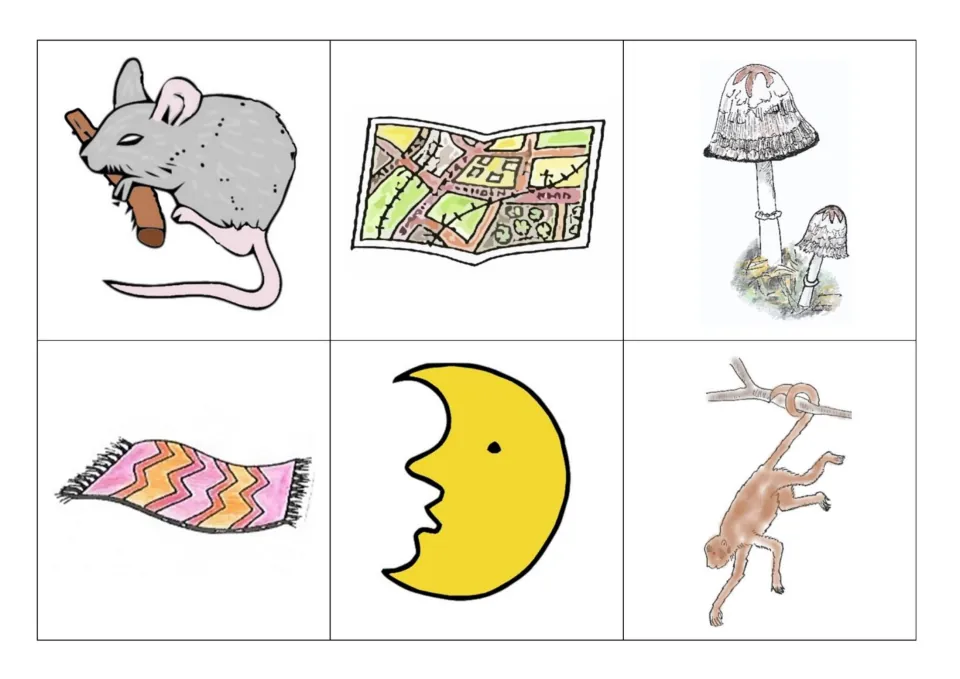 Initial m picture cards to cut out: mouse, map, mushroom, mat, moon and monkey for sorting by beginning sound