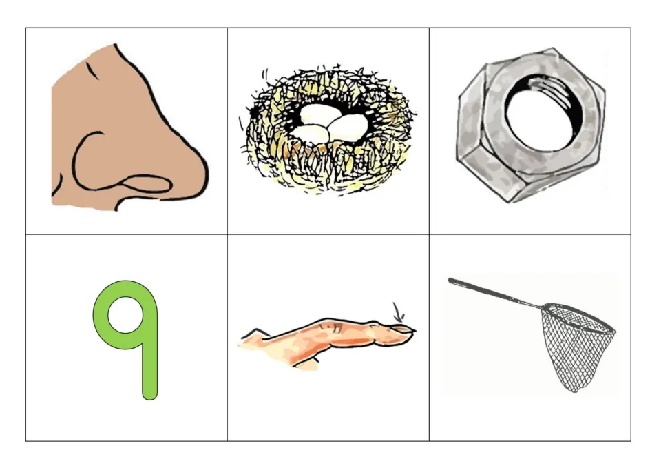 Initial n picture cards to cut out: nose, nest, nut, number nine, nail and net for listening to the beginning sound
