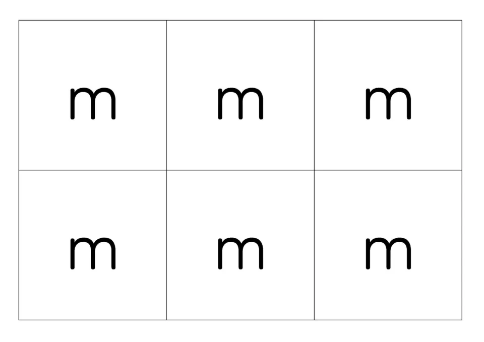 Black and white m baseboard showing six lowercase m letters, for matching pictures whose names start with m