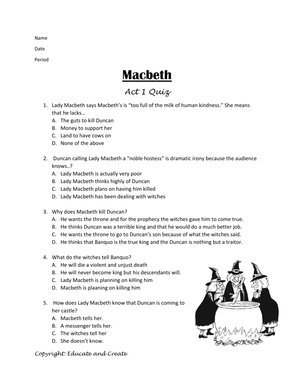Macbeth Act 1 multiple-choice check: students answer 5 items on Lady Macbeth, Duncan, dramatic irony and the witches