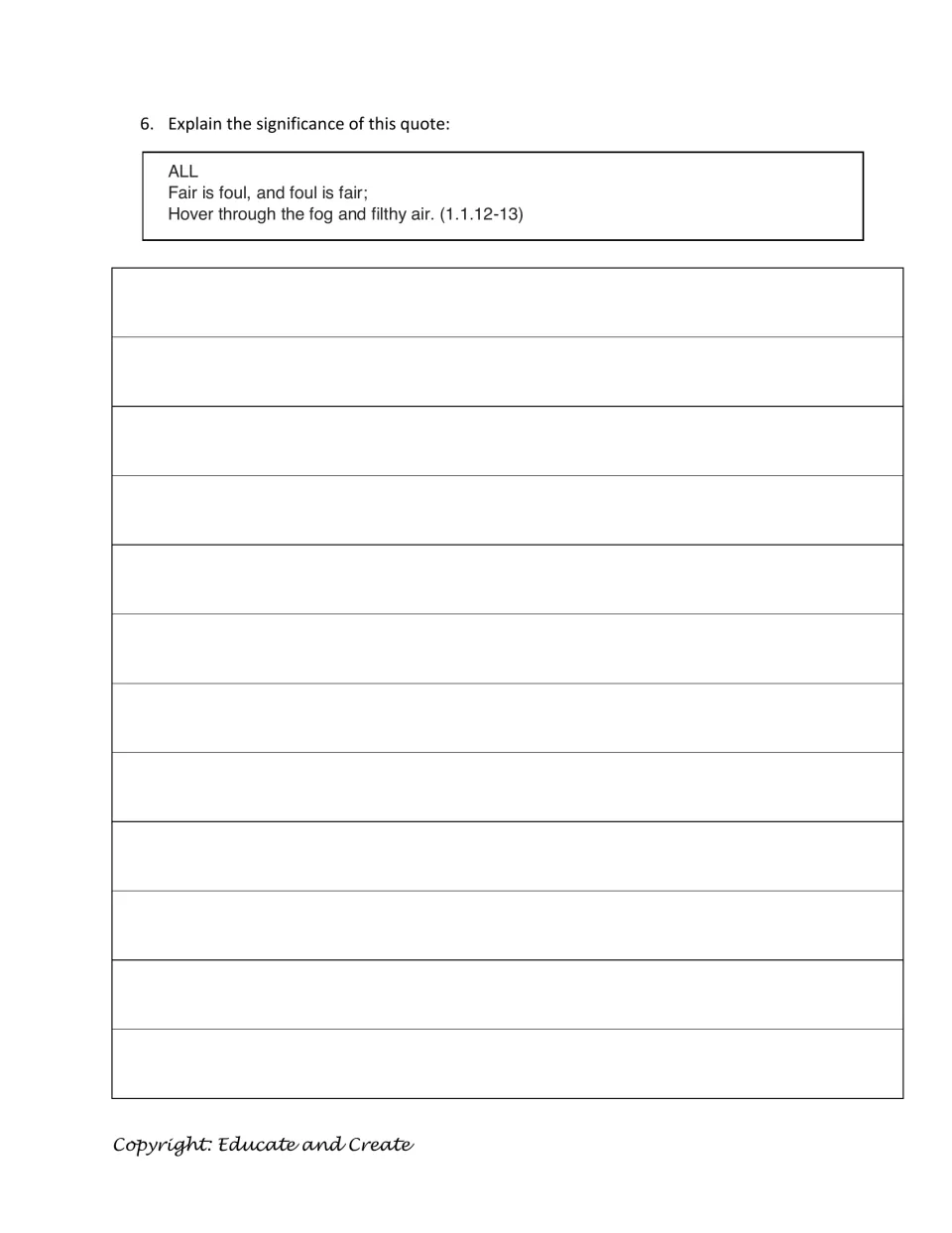 Quote analysis, question 6: students explain the significance of "Fair is foul, and foul is fair" from Act 1, scene 1