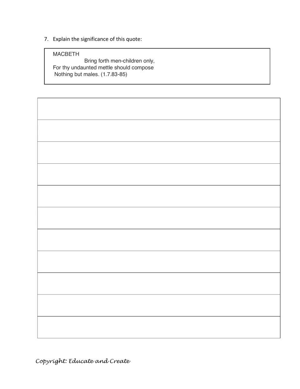 Quote analysis, question 7: students explain Macbeth's "Bring forth men-children only" lines from Act 1, scene 7