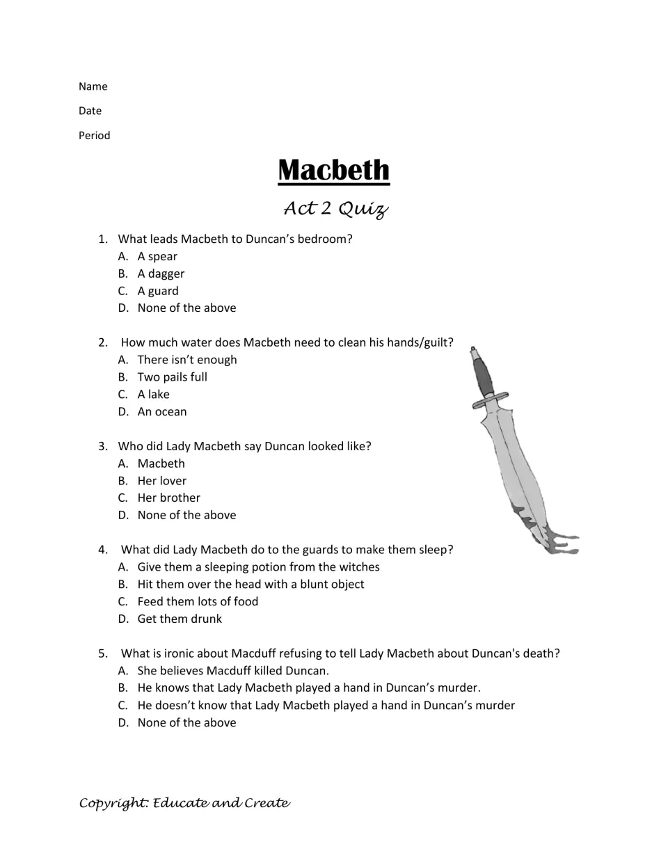 Act 2 recall: students answer five multiple-choice questions on the dagger, Macbeth's guilt, the guards and Macduff's irony