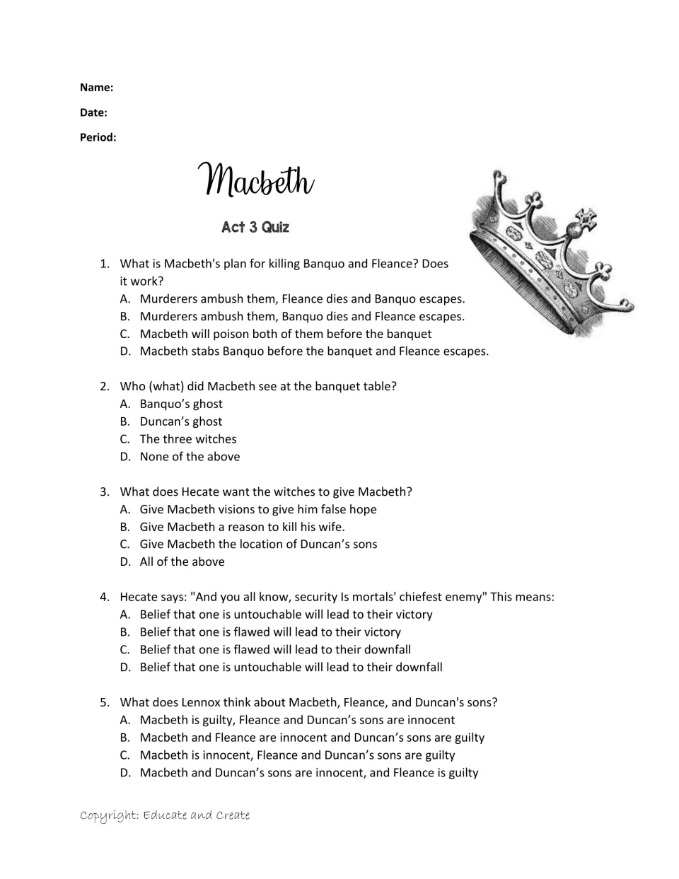 Act 3 multiple choice: students answer five questions on Banquo's murder, the ghost at the banquet, Hecate and Lennox