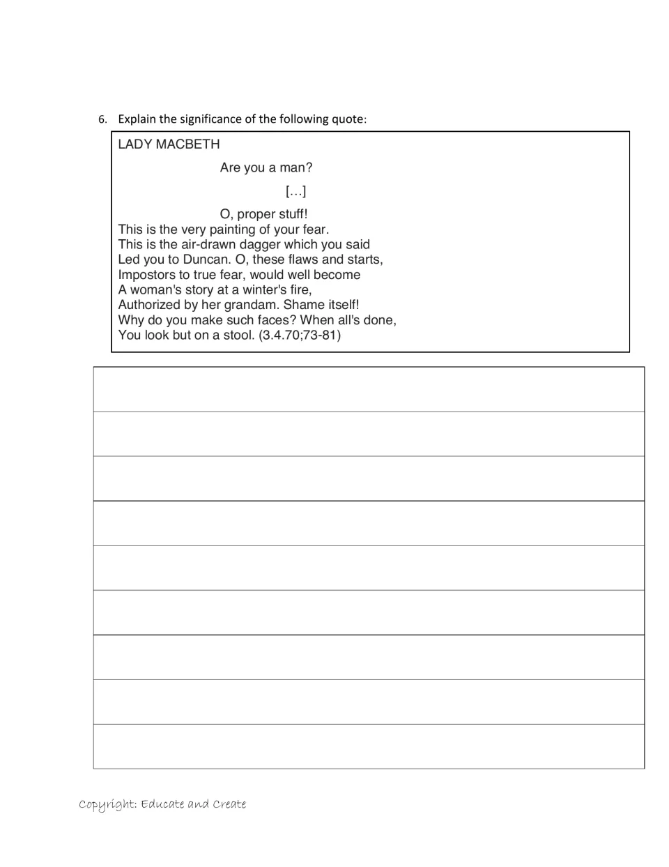 Quote analysis: students explain Lady Macbeth's "Are you a man?" speech in scene 3.4, which mocks Macbeth's fear