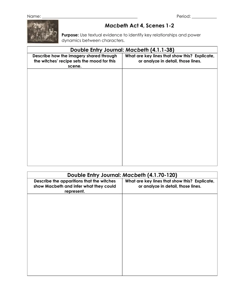 Double entry journal prompts on Macbeth's witches' recipe imagery and the apparitions in Act 4, Scene 1.