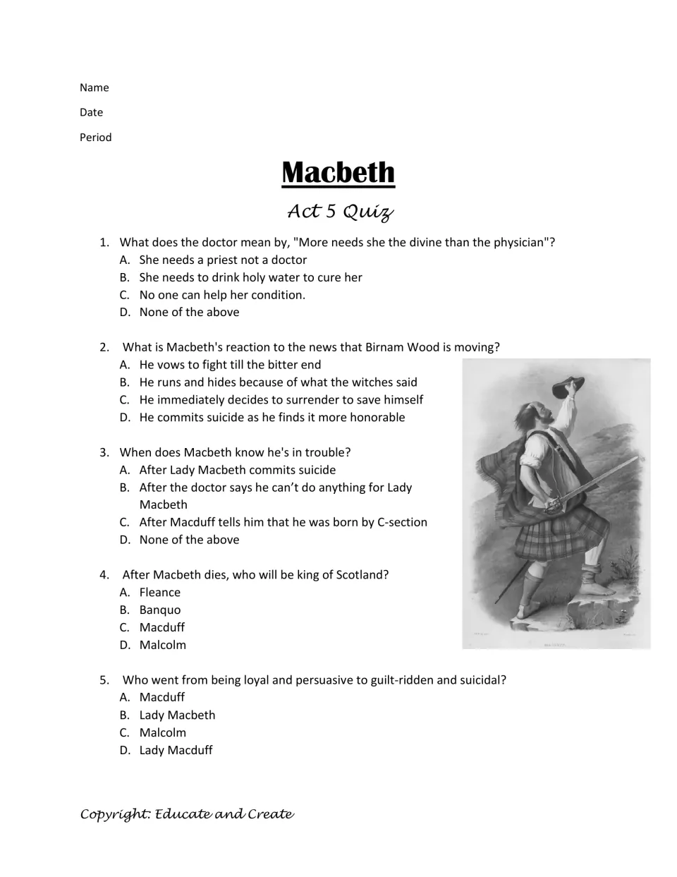 Act 5 quiz questions 1–5 cover Lady Macbeth, Birnam Wood, Macduff's birth, and Scotland's next king.