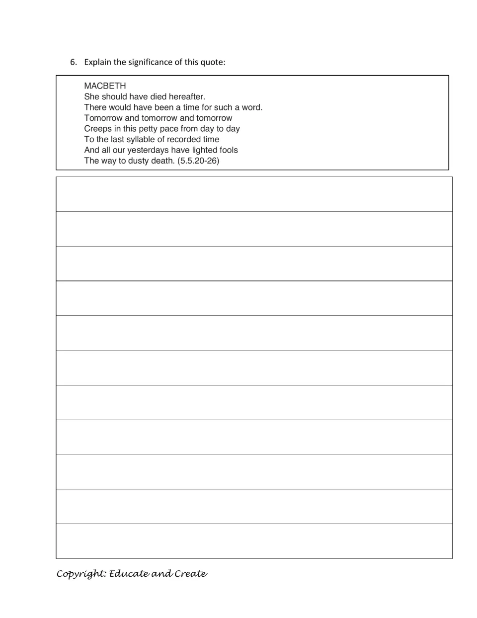 Act 5 quiz question 6 asks students to explain Macbeth's speech beginning 'She should have died hereafter.'