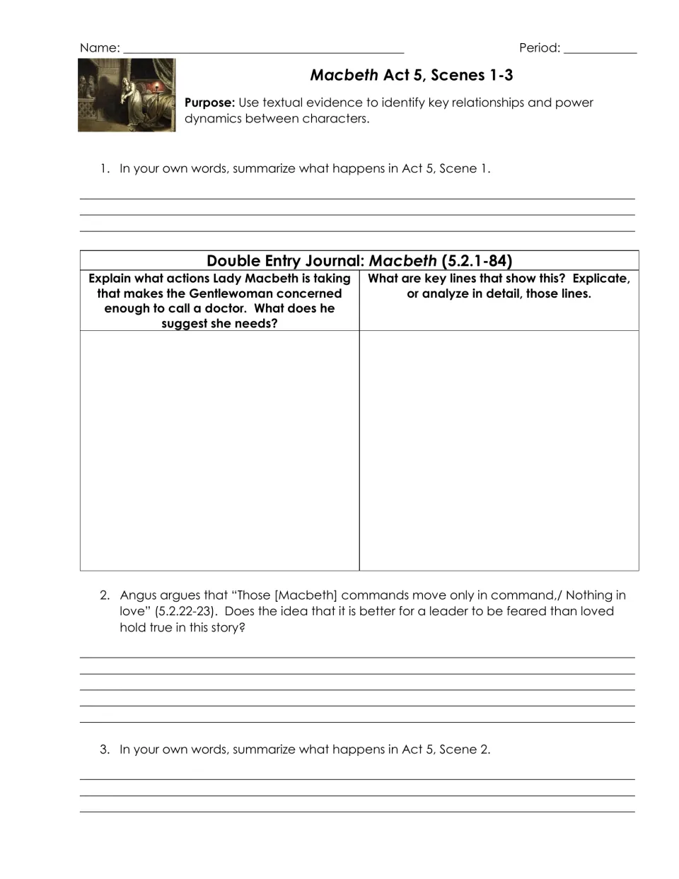 Macbeth Act 5, Scenes 1-2: students summarize, analyze lines on Lady Macbeth's actions, and weigh feared vs. loved leaders