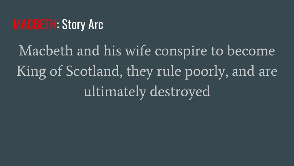 Macbeth story arc slide: a one-sentence plot overview of the couple seizing Scotland's throne, ruling poorly and falling