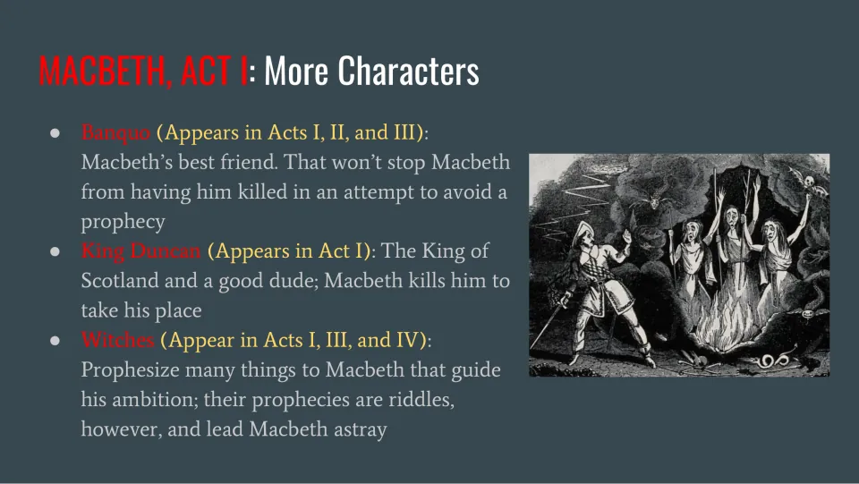 More Act I characters: Banquo, King Duncan and the witches described with their acts, shown with an engraving of witches