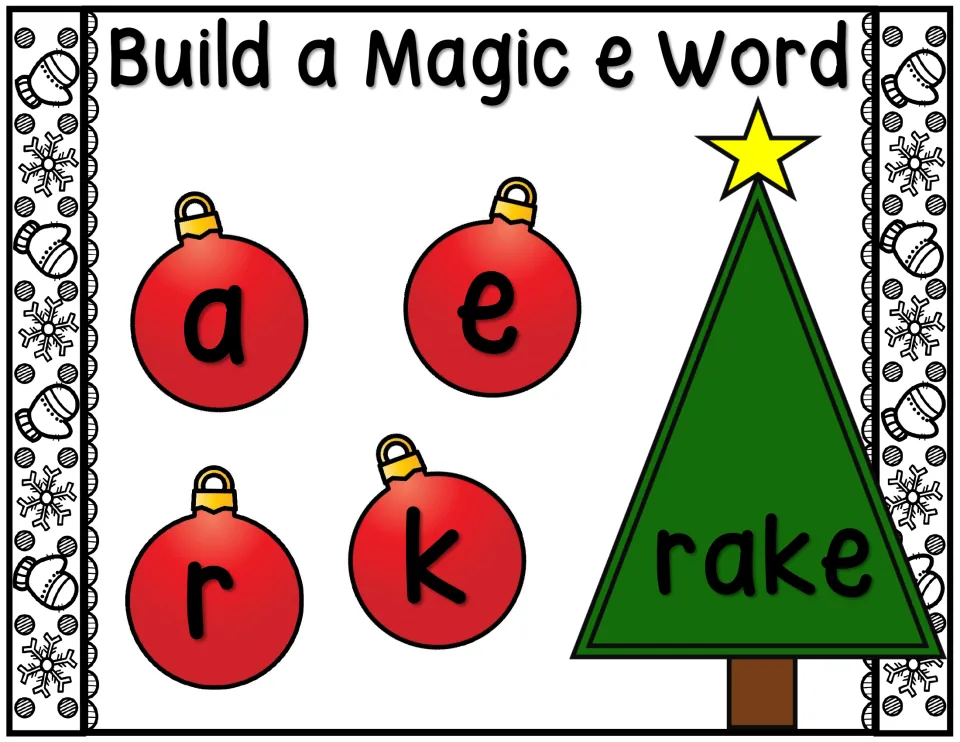 Cover example for the magic e activity: ornament letters a, e, r, and k build the tree word rake