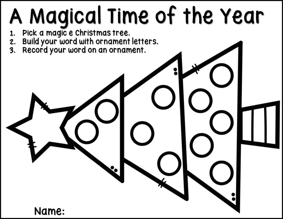 Magic e recording sheet: choose a Christmas tree, build its word with ornament letters, and record it