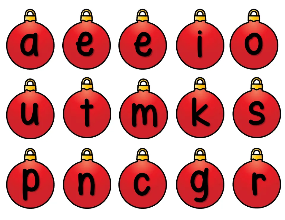 First ornament letter sheet for building magic e tree words: a, e, e, i, o, u, t, m, k, s, p, n, c, g, r