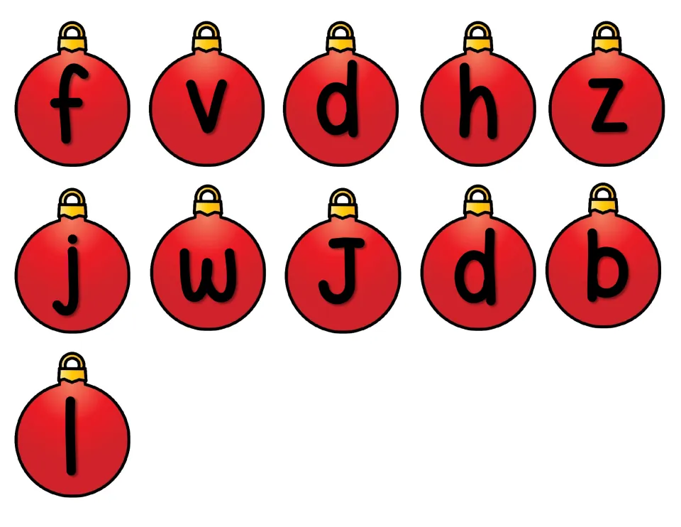 Second ornament letter sheet for building magic e tree words: f, v, d, h, z, j, w, J, d, b, l