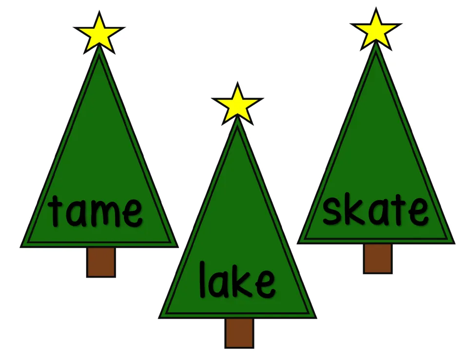 Magic e tree word cards 1–3: tame, lake, and skate, for students to build using ornament letters