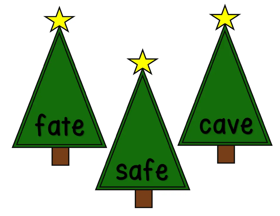 Magic e tree word cards 7–9: fate, safe, and cave, for students to build using ornament letters