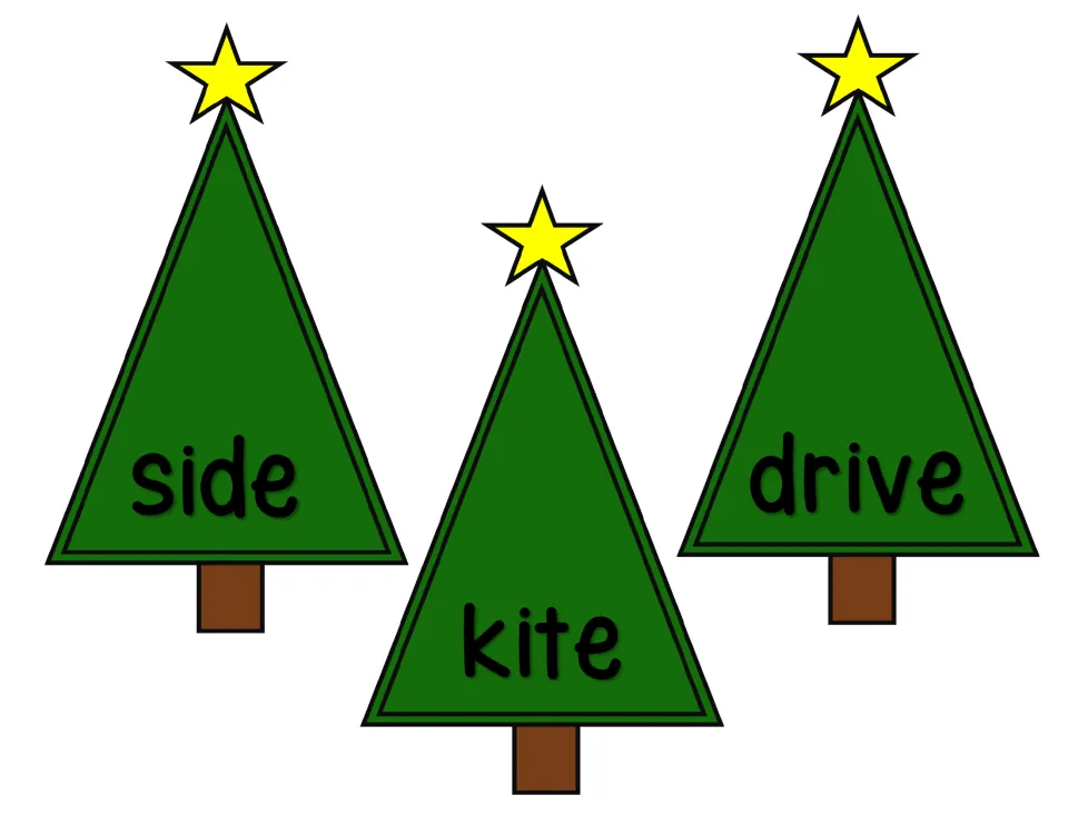 Magic e tree word cards 11–13: side, kite, and drive, for students to build using ornament letters