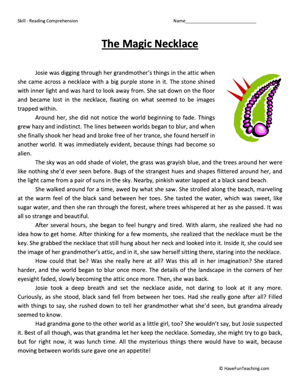 Reading passage about Josie finding a purple-stone necklace and traveling to a world with two suns.