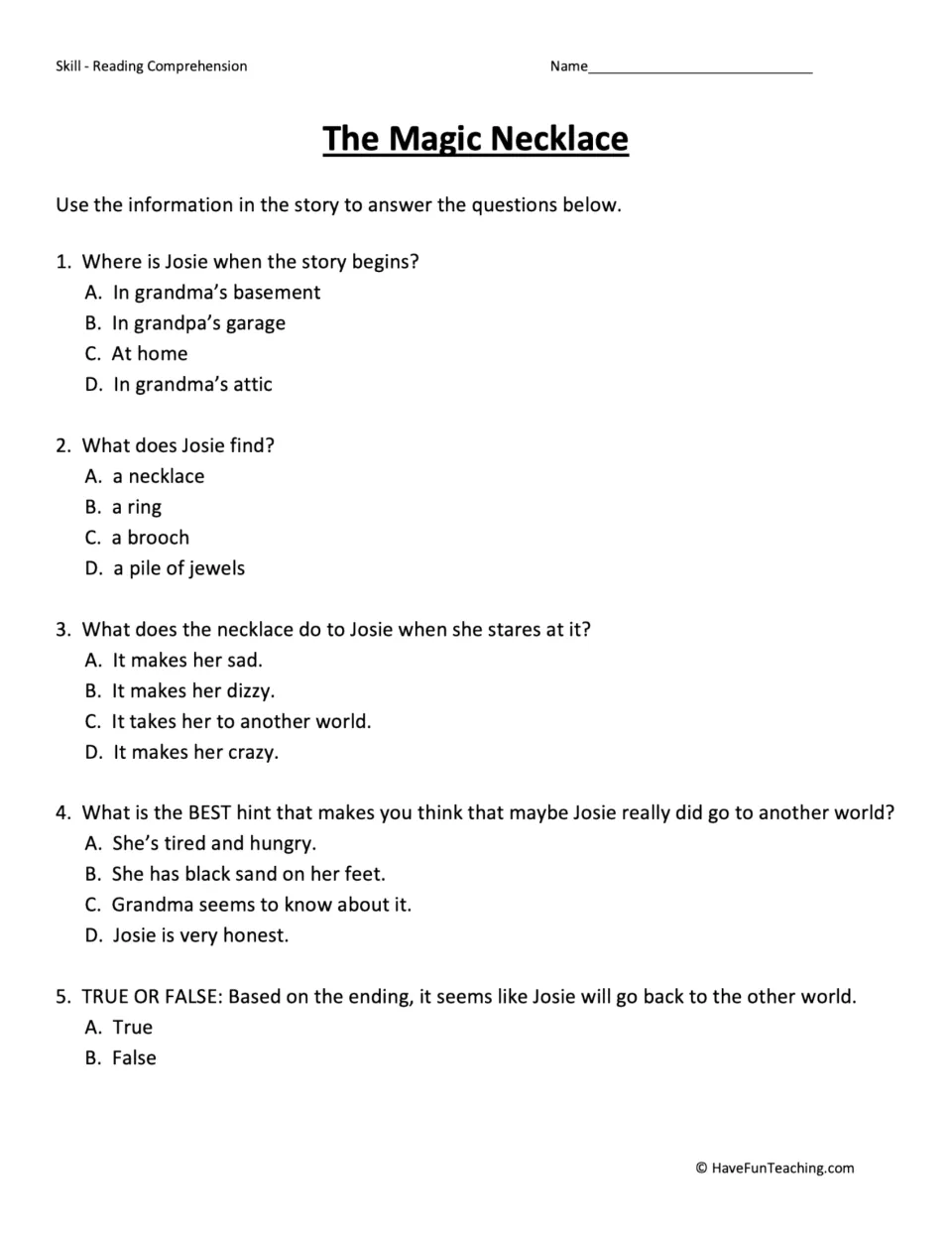 Five comprehension questions about Josie's discovery, her journey, black sand, and whether she will return.