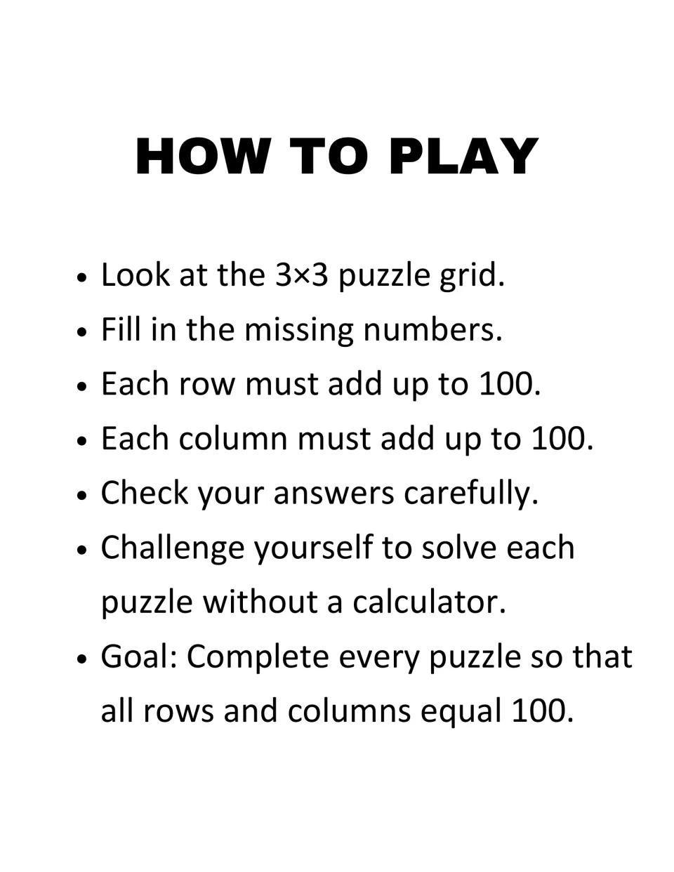 How to Play rules for the 3×3 number puzzles: fill in missing numbers so every row and column adds up to 100