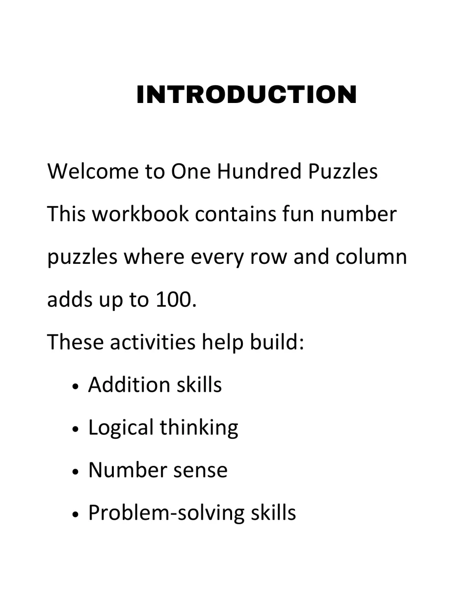 Introduction to One Hundred Puzzles: explains that every row and column adds to 100 and lists addition and logic skills