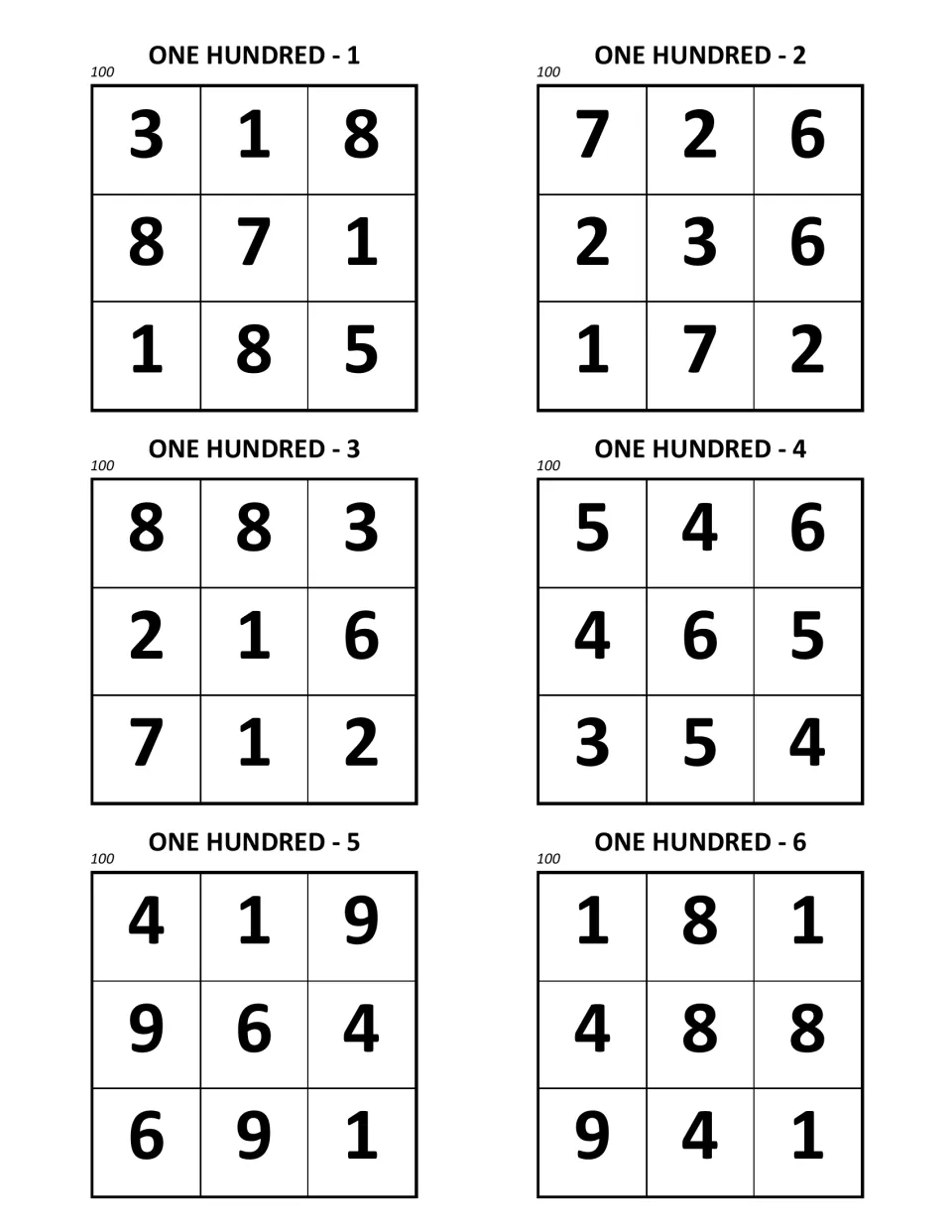 One Hundred puzzles 1 to 6: six 3×3 squares of single digits, each marked 100, puzzle 1 starting with 3, 1, 8