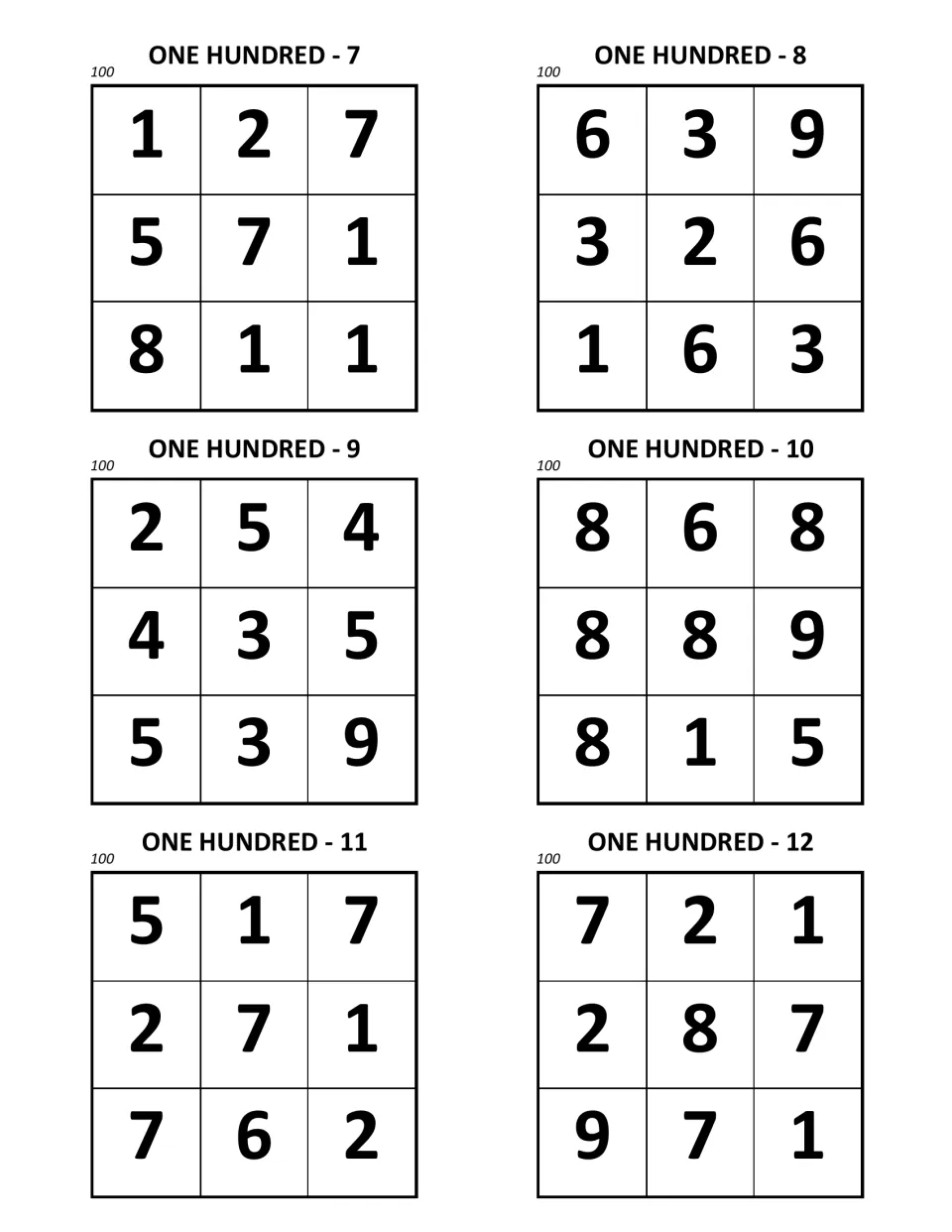 One Hundred puzzles 7 to 12: six 3×3 squares of single digits marked 100, puzzle 7 opening with the row 1, 2, 7