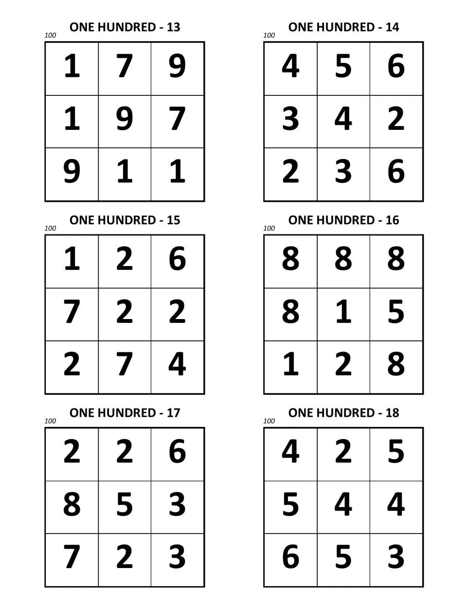 One Hundred puzzles 13 to 18: six 3×3 digit squares labeled 100, including puzzle 16 with a top row of 8, 8, 8