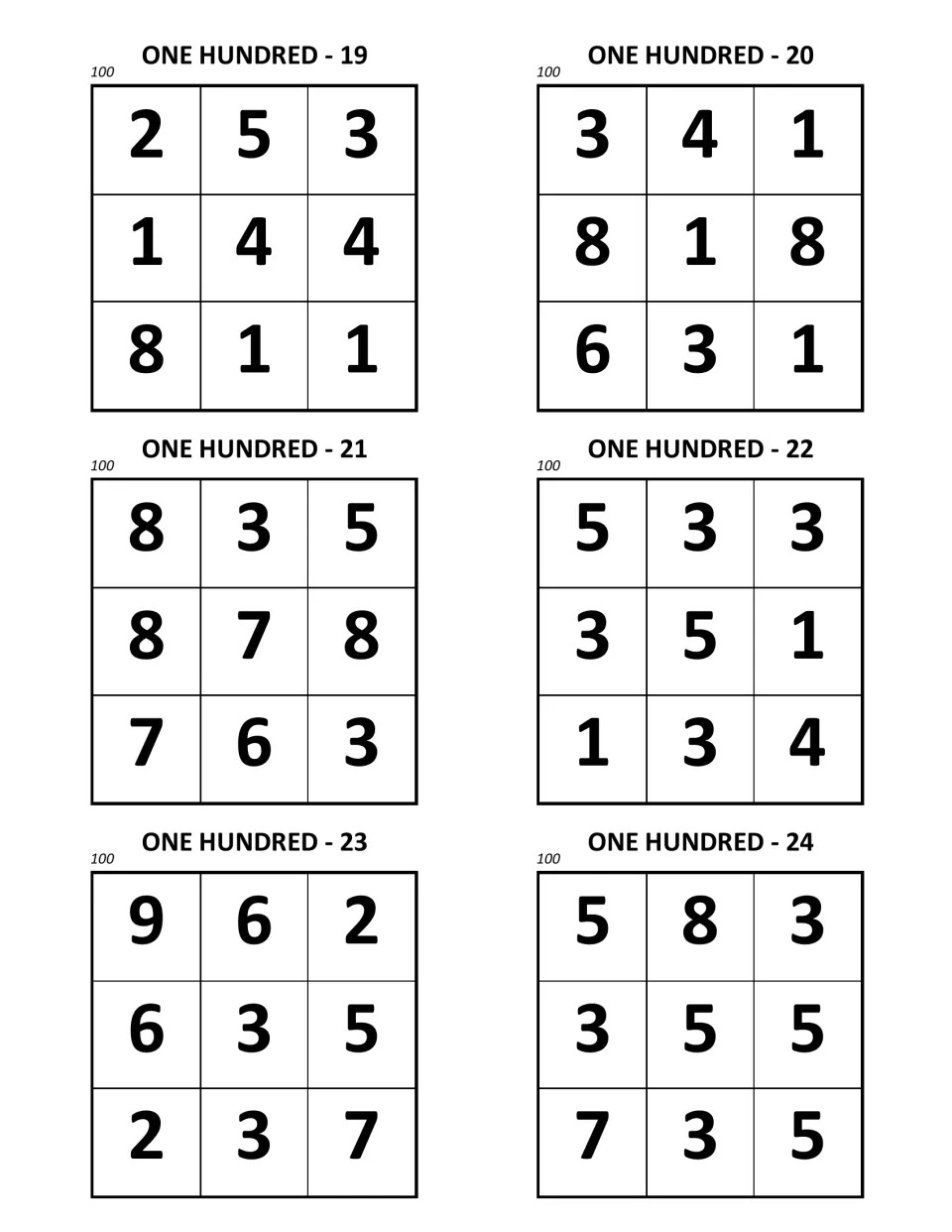One Hundred puzzles 19 to 24: six more 3×3 squares of digits 1 to 9 marked 100, with puzzle 19 beginning 2, 5, 3