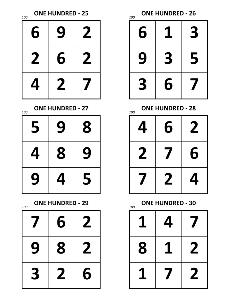 One Hundred puzzles 25 to 30: six 3×3 number squares tagged 100 for mental addition, puzzle 25 starting 6, 9, 2