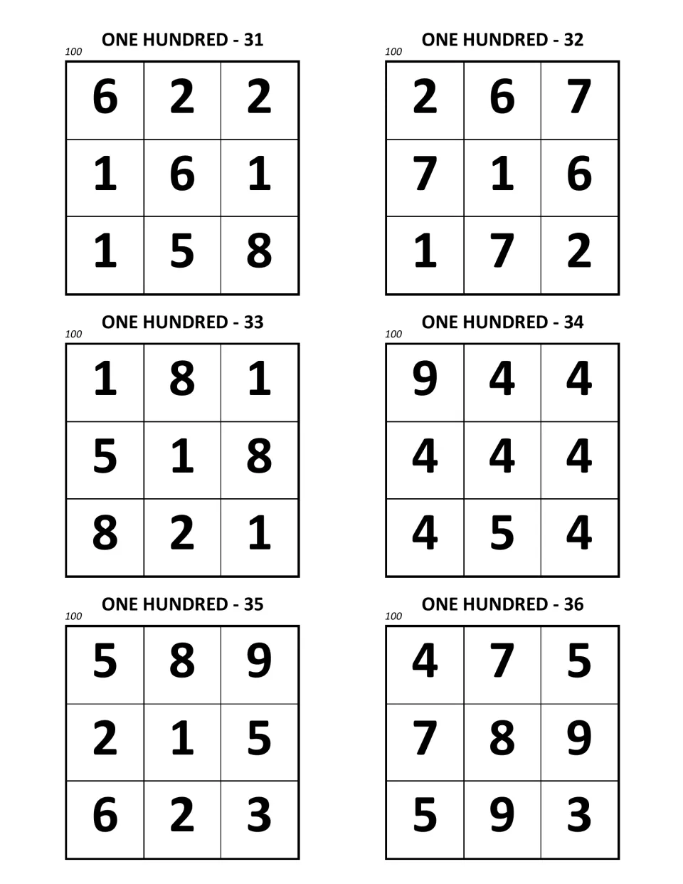 One Hundred puzzles 31 to 36: six 3×3 digit squares with a 100 target, including puzzle 34 filled mostly with 4s