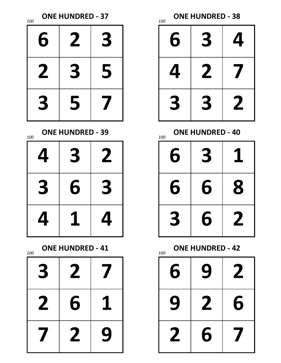 One Hundred puzzles 37 to 42: the last six 3×3 digit squares shown, each marked 100, puzzle 42 starting 6, 9, 2