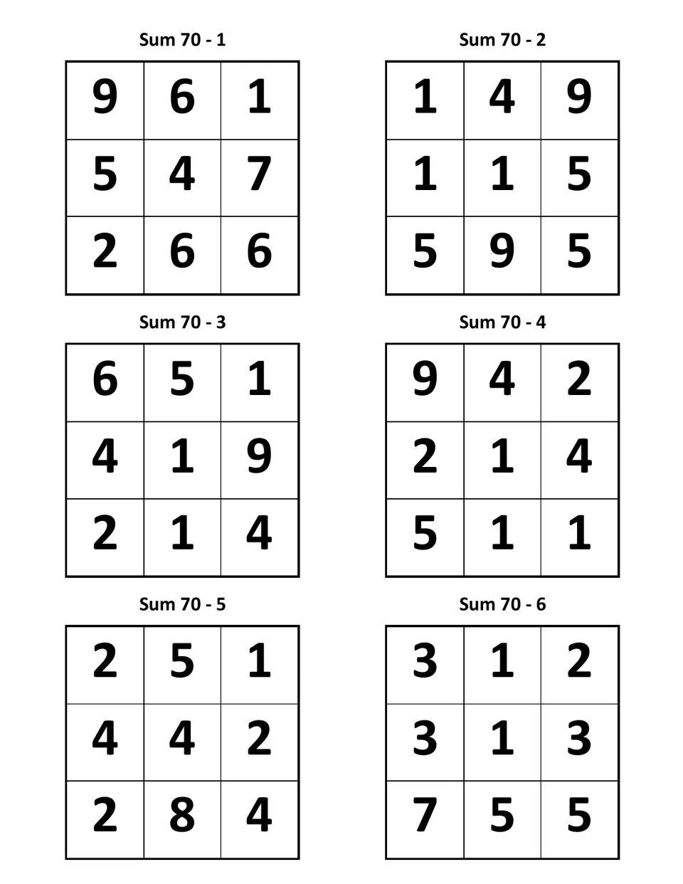 Number puzzles labeled Sum 70, items 1–6; puzzle 1 contains the numbers 9, 6, 1, 5, 4, 7, 2, 6, and 6.