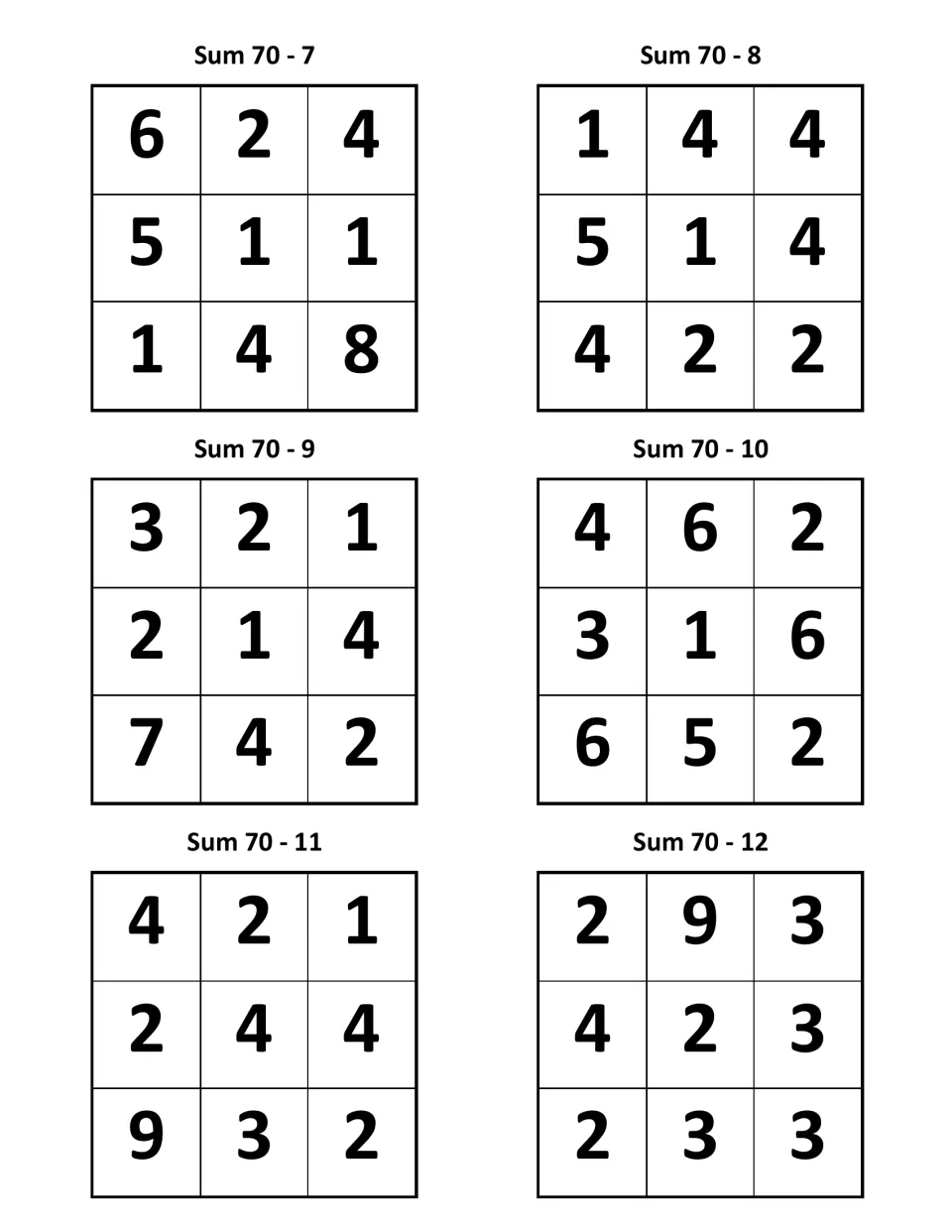 Number puzzles labeled Sum 70, items 7–12; puzzle 7 contains the numbers 6, 2, 4, 5, 1, 1, 1, 4, and 8.