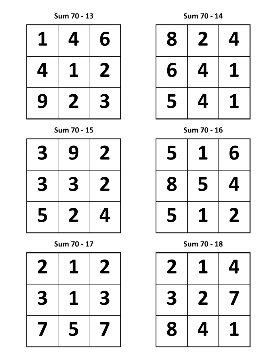 Number puzzles labeled Sum 70, items 13–18; puzzle 13 contains the numbers 1, 4, 6, 4, 1, 2, 9, 2, and 3.