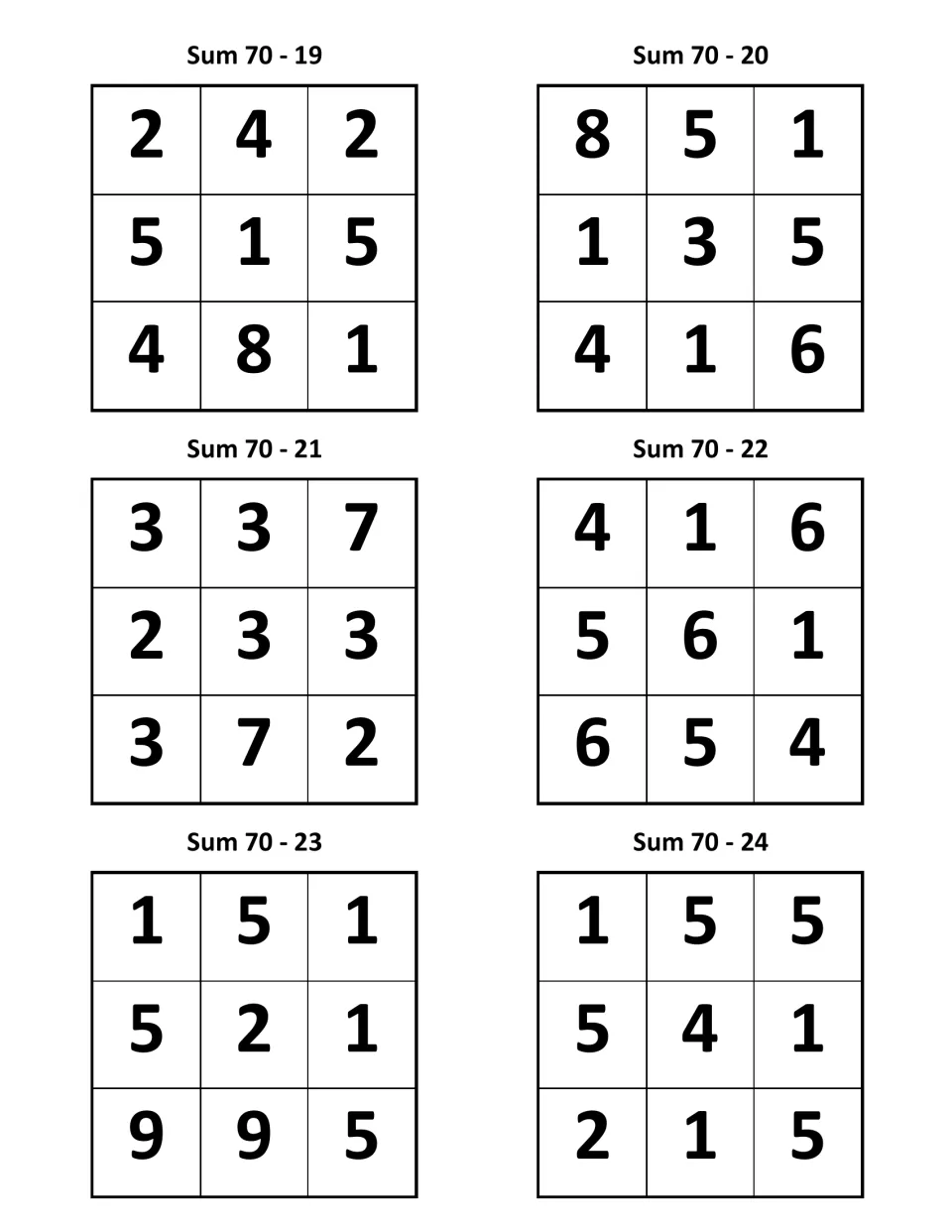 Number puzzles labeled Sum 70, items 19–24; puzzle 19 contains the numbers 2, 4, 2, 5, 1, 5, 4, 8, and 1.