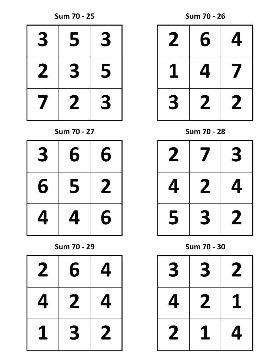 Number puzzles labeled Sum 70, items 25–30; puzzle 25 contains the numbers 3, 5, 3, 2, 3, 5, 7, 2, and 3.