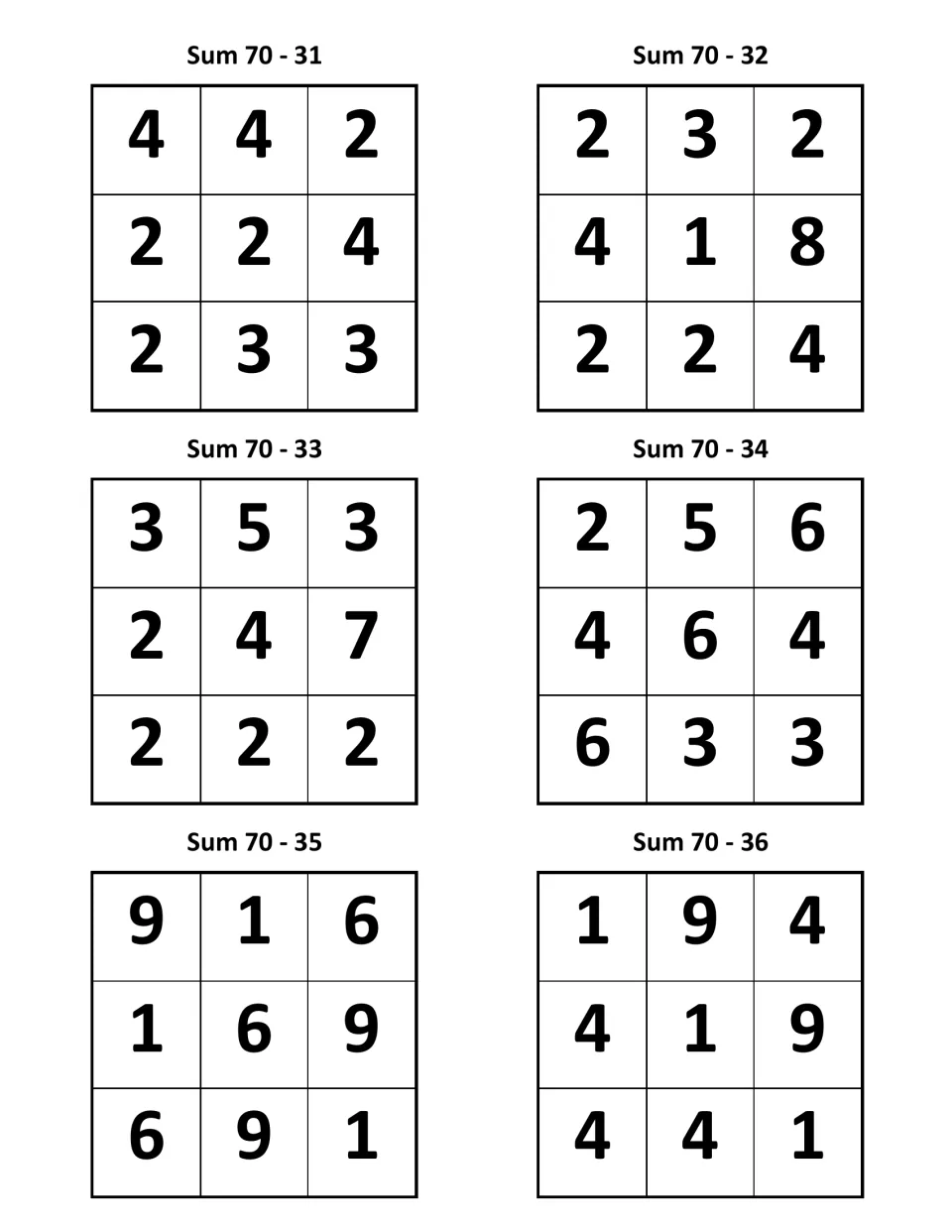 Number puzzles labeled Sum 70, items 31–36; puzzle 31 contains the numbers 4, 4, 2, 2, 2, 4, 2, 3, and 3.