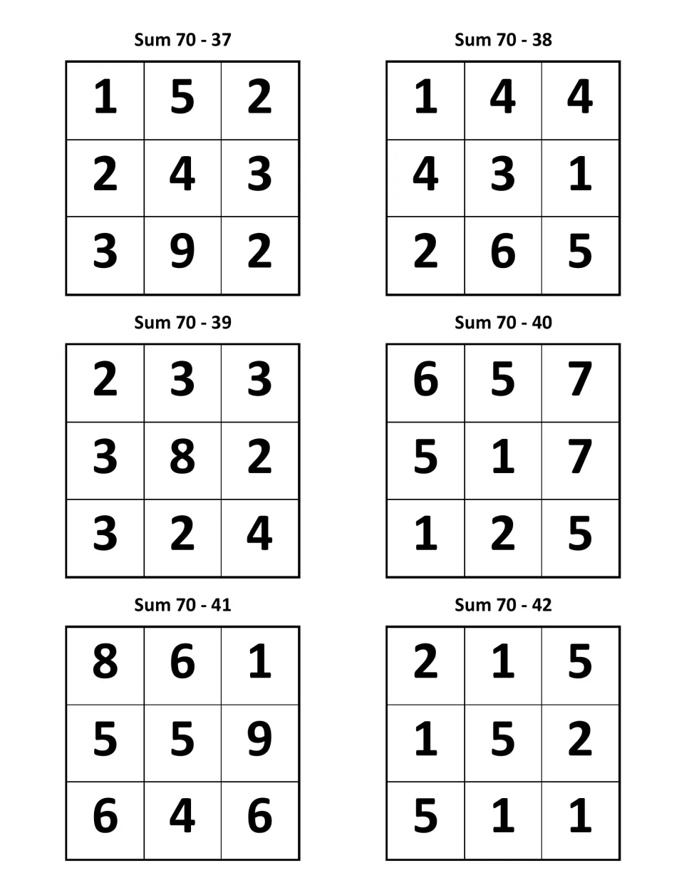Number puzzles labeled Sum 70, items 37–42; puzzle 37 contains the numbers 1, 5, 2, 2, 4, 3, 3, 9, and 2.