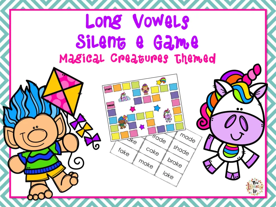 Long Vowels Silent e Game cover, magical creatures themed, showing a troll, a unicorn, a game board and a-e word cards