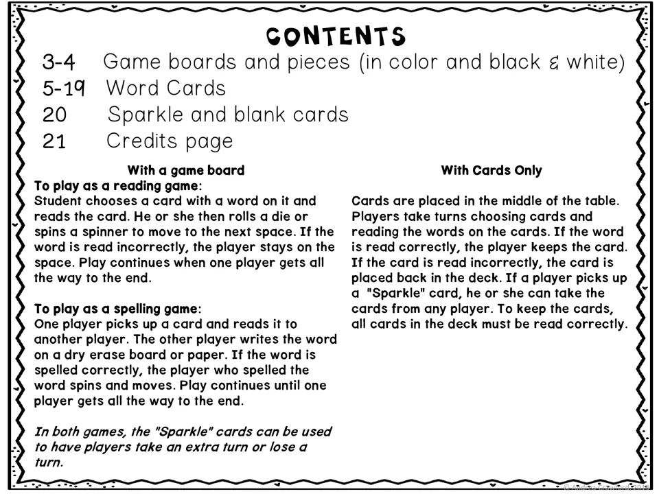 Contents and directions: how to play the silent e cards as a reading game or spelling game, with a board or cards only
